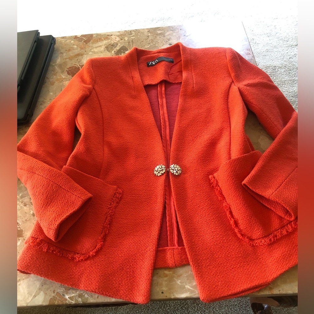 ZARA orange blazer size Large with rhinestone button closure and front pockets